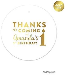Andaz Press Personalized Round Circle Birthday Gift Tags, Metallic Gold Ink, Thanks for Coming to My 1st Birthday, 24-Pack, Custom Made Name
