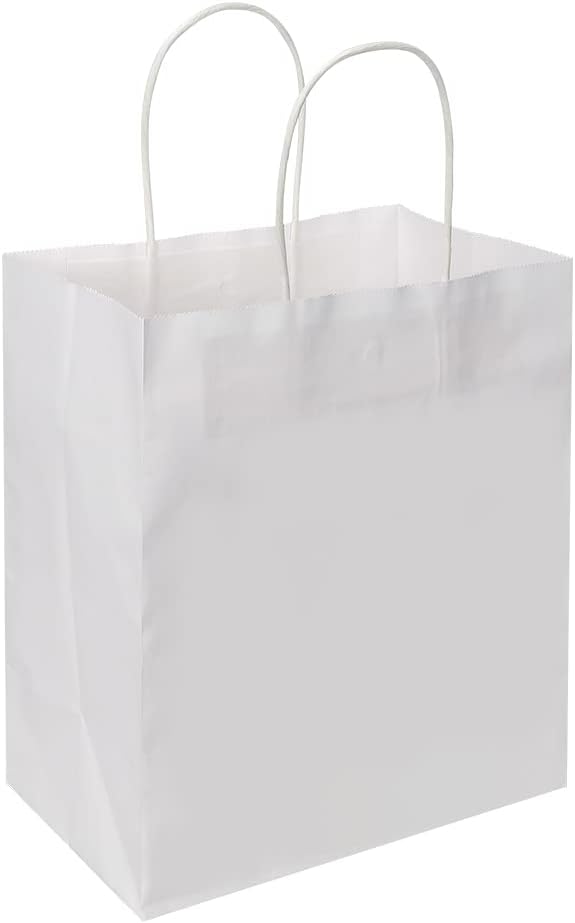 Oikss 50 Pack 8x4.75x10 Inch Medium White Kraft Paper Bags with Handles Bulk for Birthday Wedding Party Favors Grocery Retail Shopping Takeout Business Goody Craft Gift Bags Sacks, 50 Count