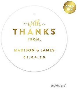 Andaz Press Personalized Round Circle Wedding Gift Tags, Metallic Gold Ink, with Thanks from, 24-Pack, Custom Made Any Name