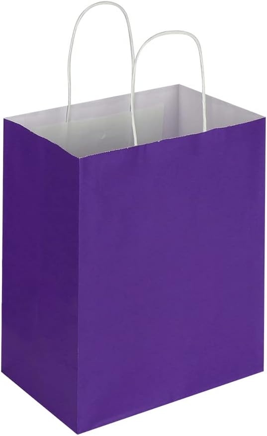 Oikss 50 Pack 8x4.75x10 Inch Medium Purple Kraft Paper Bags with Handles Bulk for Birthday Wedding Party Favors Grocery Retail Shopping Takeout Business Goody Craft Gift Bags Sacks, (50pcs Count)