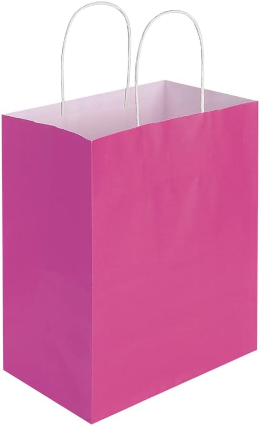 Oikss 50 Pack 8x4.75x10 Inch Medium Hot Pink Kraft Paper Bags with Handles Bulk for Birthday Wedding Party Favors Grocery Retail Shopping Business Goody Craft Gift Bags Sacks (Fuchsia 50pcs Count)