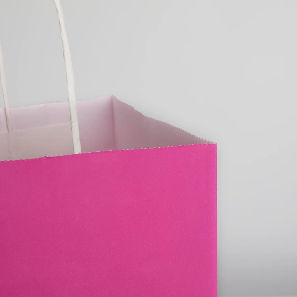 Oikss 50 Pack 5.25x3.25x8.25 Inch Small Hot Pink Kraft Paper Bags with Handles Bulk for Birthday Wedding Party Favors Grocery Retail Shopping Business Goody Craft Gift Bags Sacks (Fuchsia 50pcs Count)