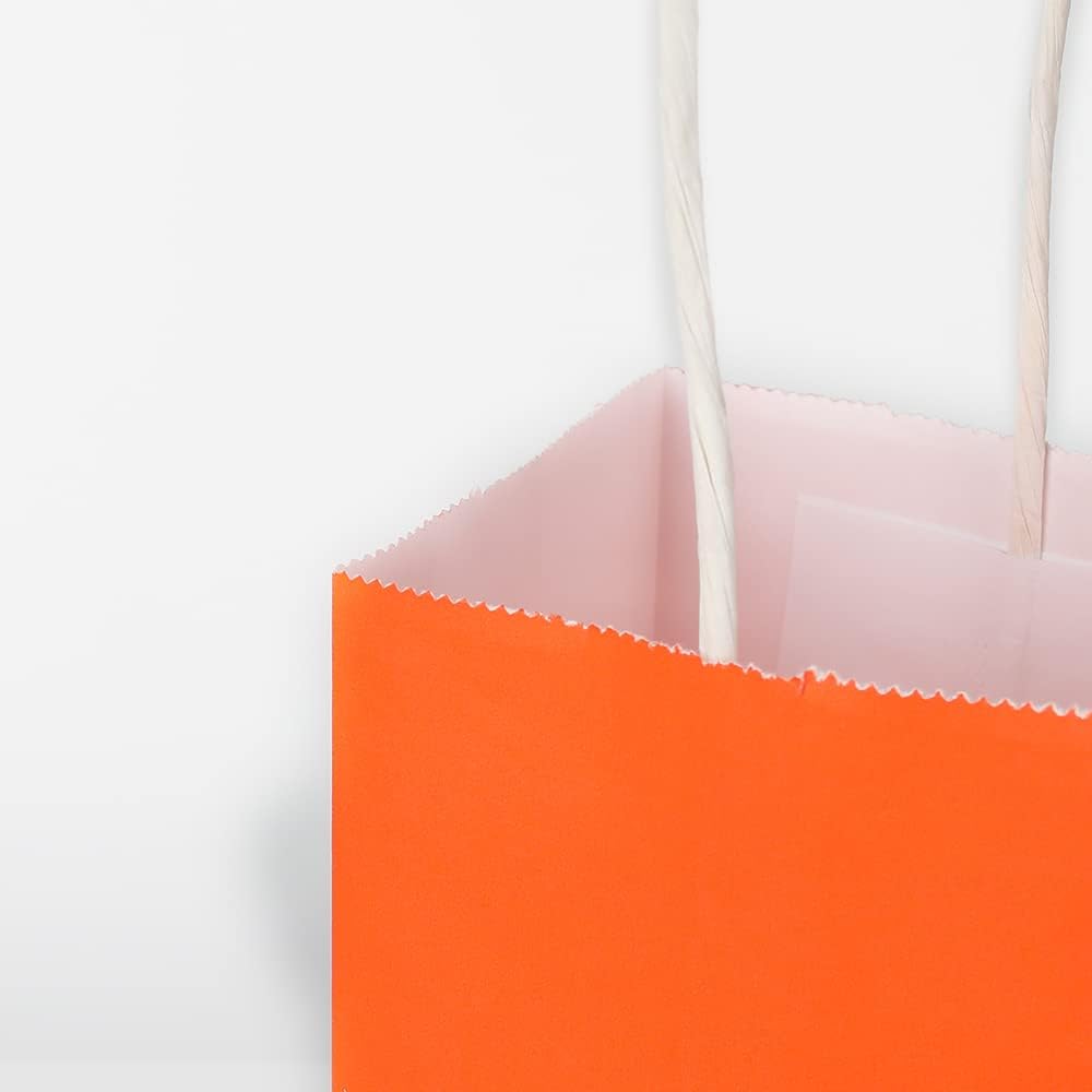 Oikss 50 Pack 5.25x3.25x8.25 Inch Small Orange Kraft Paper Bags with Handles Bulk for Birthday Wedding Party Favors Grocery Retail Shopping Business Goody Craft Gift Bags Cub Sacks, 50 Count