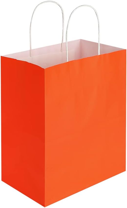 Oikss 50 Pack 8x4.75x10 Inch Medium Orange Kraft Paper Bags with Handles Bulk for Birthday Wedding Party Favors Grocery Retail Shopping Takeout Business Goody Craft Gift Bags Sacks, (50pcs Count)