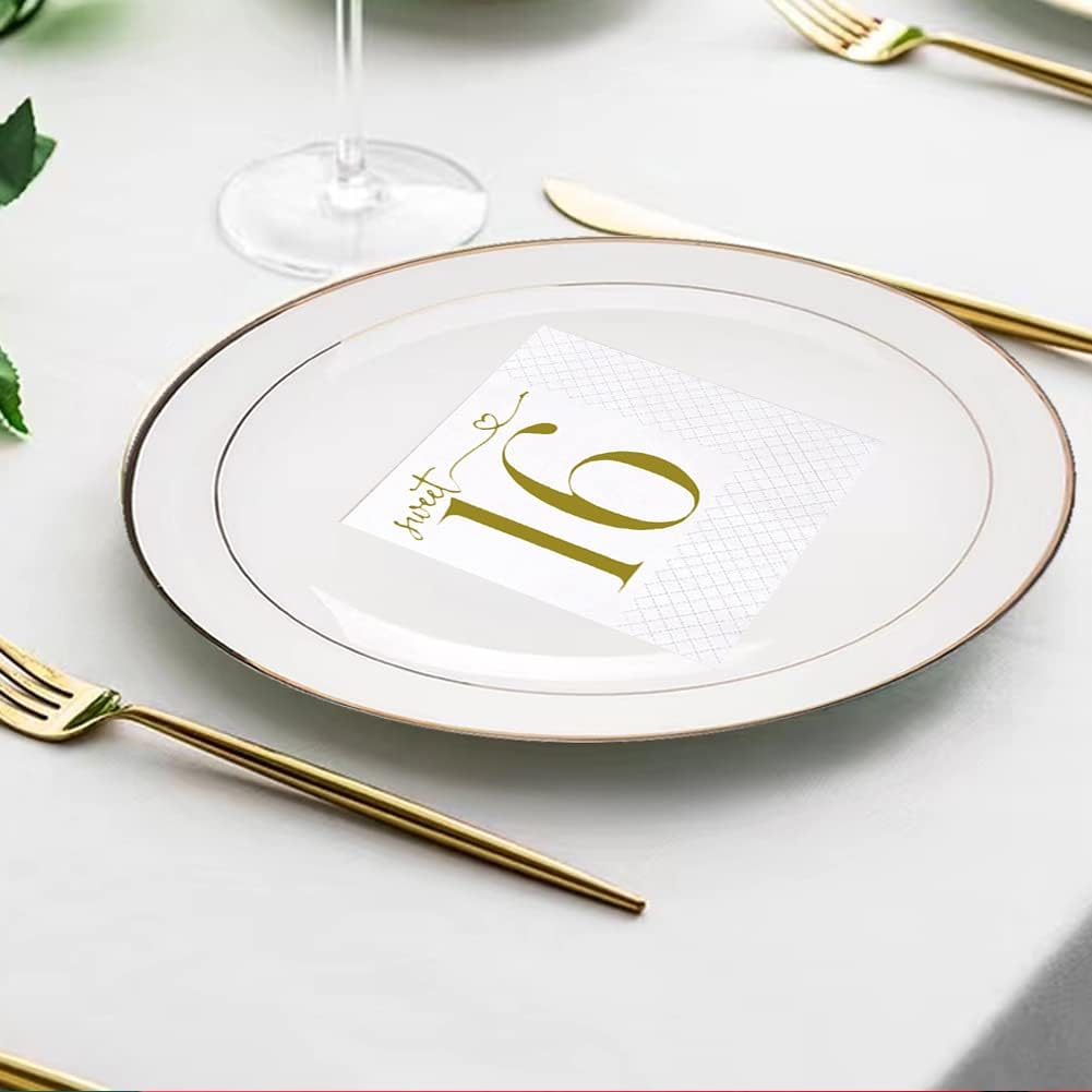 SharkBliss Sweet 16 Happy Birthday Cocktail Napkins, 100 Pack Gold Sweet 16 Happy Birthday Paper Cocktail Beverage Napkins in Bulk for His Her Sixteen 16th Birthday | 2-Ply, 5x5" (Sweet 16 Napkins)