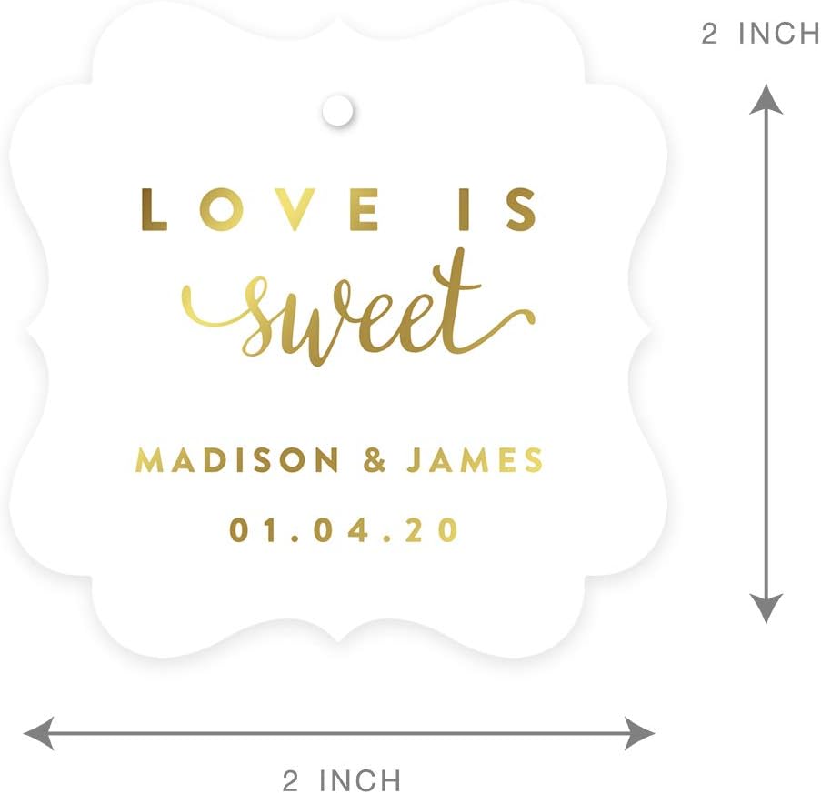 Andaz Press Personalized Fancy Frame Square Wedding Gift Tags, Metallic Gold Ink, Love is Sweet, 24-Pack, Custom Made Any Name