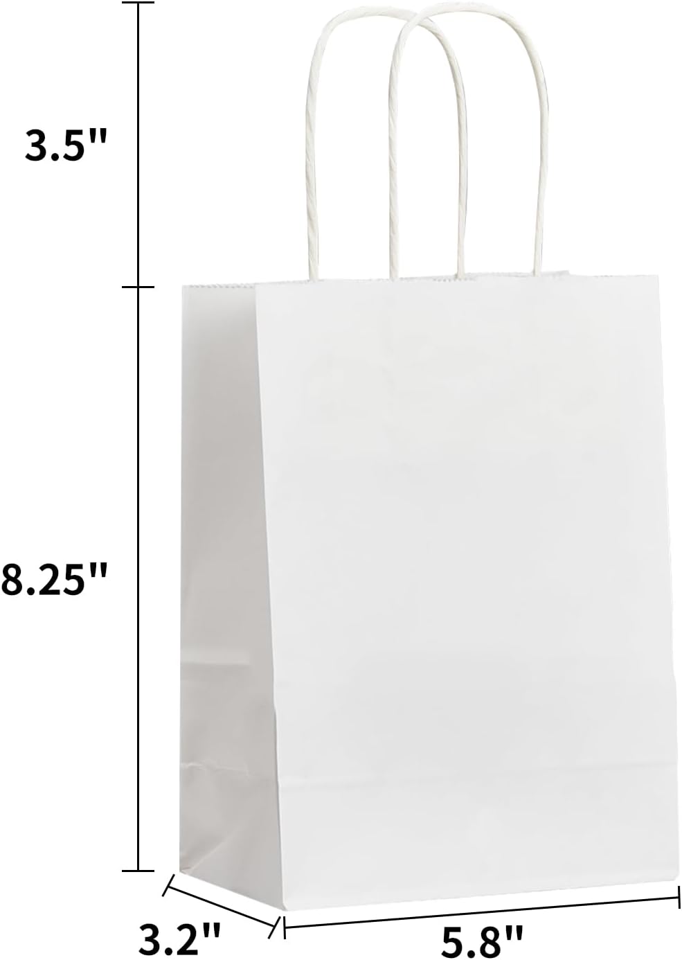 METAPRINT 100 Pack Paper Gift Bags with Handles in Bulk, 5.8x3.2x8.25 Inch Small White Kraft Paper Bag for Birthday Party Favors Grocery Retail Shopping Business Goody