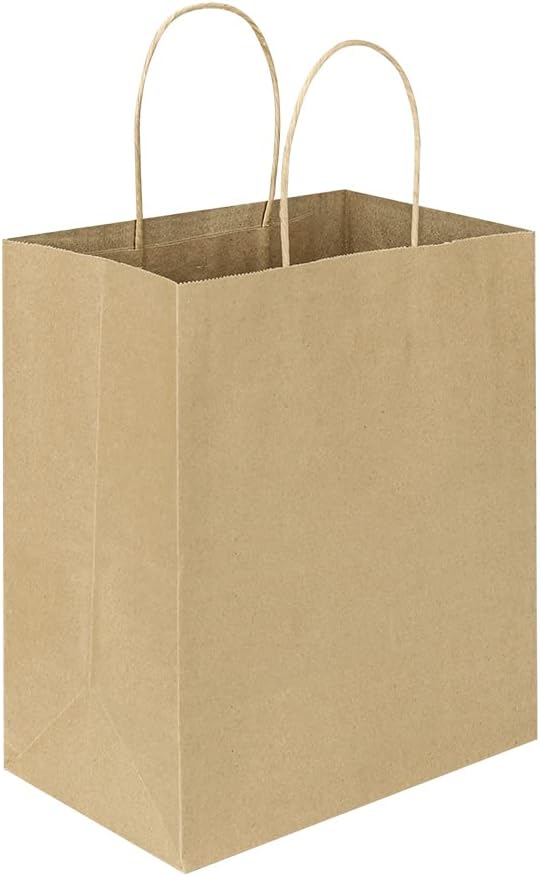Oikss 50 Pack 8x4.75x10 Inch Medium Brown Kraft Paper Bags with Handles Bulk for Birthday Wedding Party Favors Grocery Retail Shopping Business Goody Craft Gift Bags Sacks (Plain Natural 50 Count)