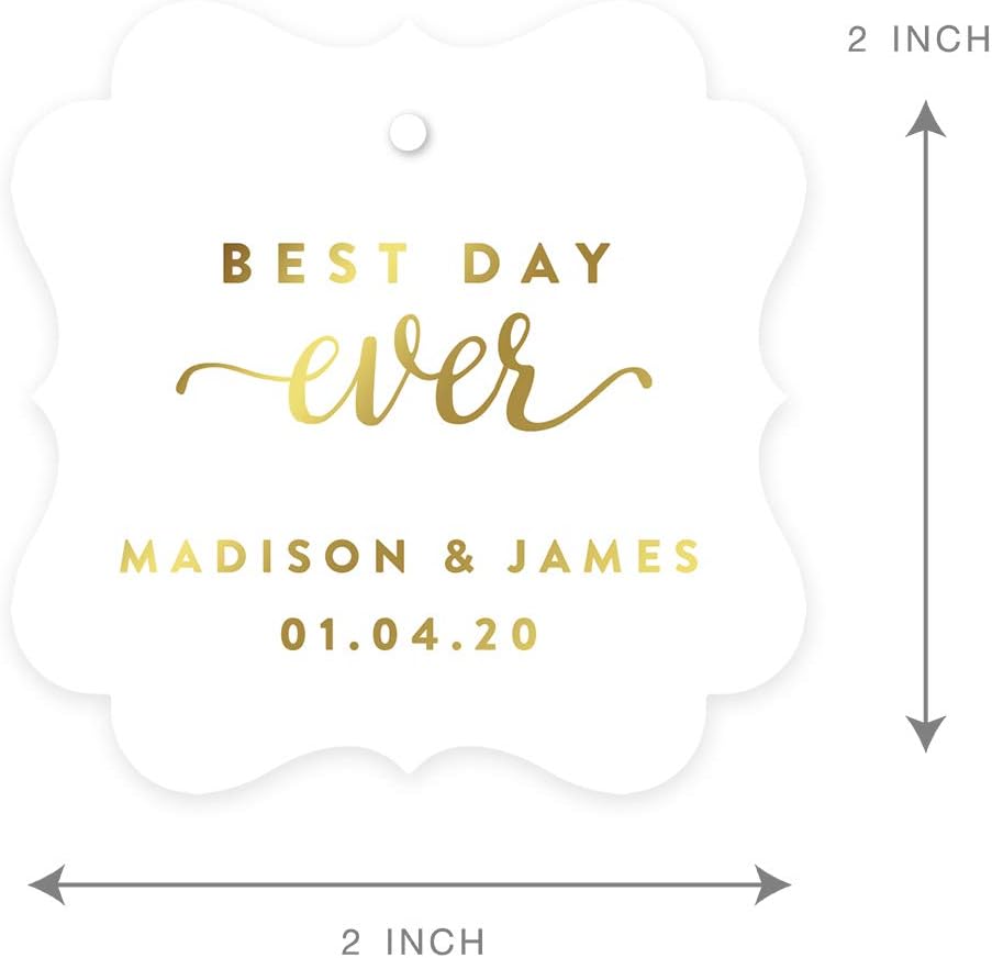 Andaz Press Personalized Fancy Frame Square Wedding Gift Tags, Metallic Gold Ink, Best Day Ever, 24-Pack, Custom Made Any Name, Gold Decor Decorations