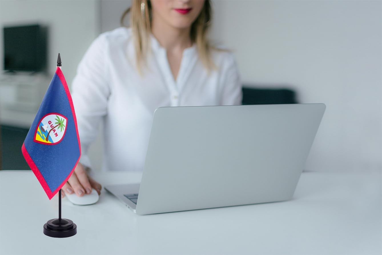 WXTWK 2 Pack Guam Flag - Mini Small Guam Table Office Flags with Black 11.8" Solid Pole Stand Base Classroom Meeting Desktop Decorations