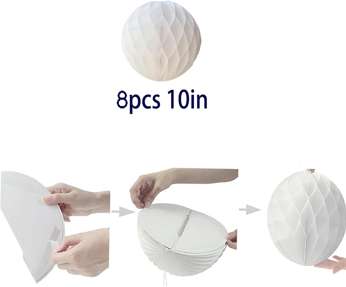 8pcs 10 inch Paper Honeycomb Balls Decorative Tissue Pom Poms Flower Art Hanging Balls for Birthday Wedding Nursery Baby Shower Home Decor (10inch, White)