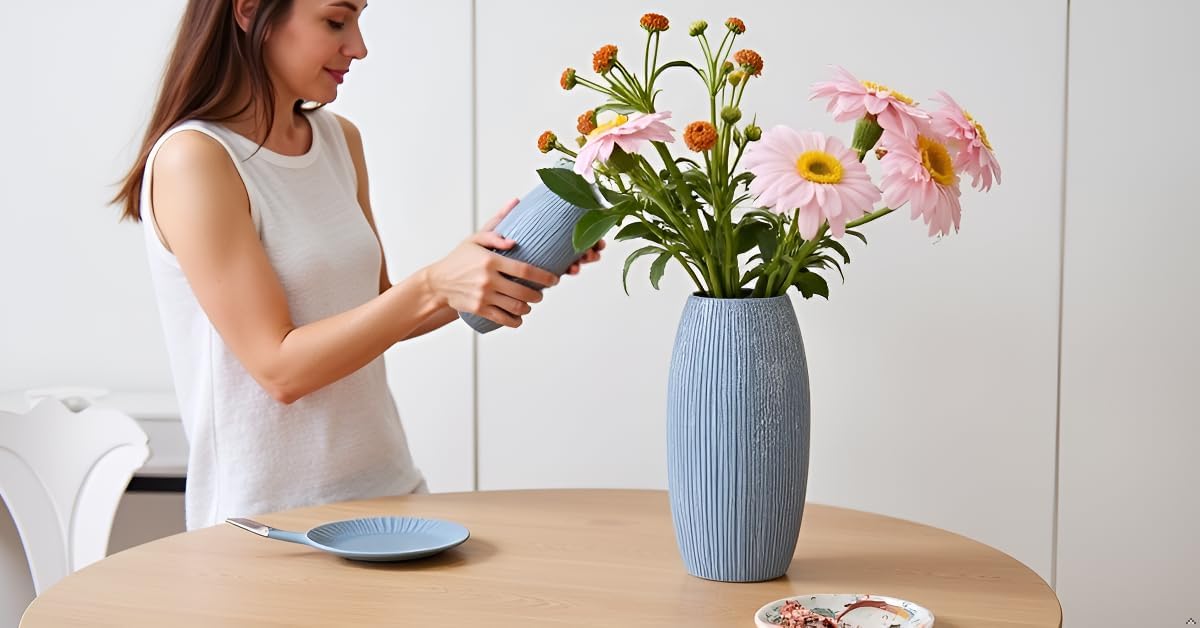 Premium Blue Ceramic Vase – Ribbed Tall Flower Vase for Home Décor, Modern Minimalist Table Centerpiece, Pampas Grass, Dried Flowers, Shelf & Living Room Decoration