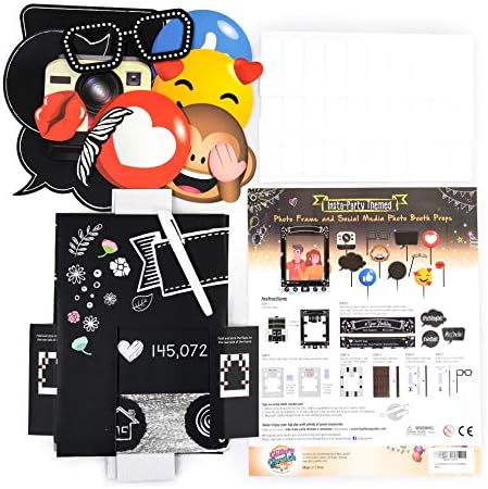 Insta-Themed Social Media Party Photo Booth Selfie Frame with Emoji & Speech Bubble Props. Great as Vintage Background Photography for Birthday, Anniversary, Wedding Event Decoration