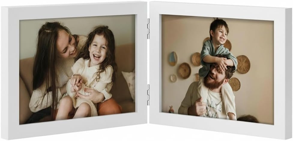 decorUhome Double 7x5 Picture Frame Horizontal, Engineered Wood Bifold Photo Frame with Plexiglass for Tabletop Display, 7x5, White