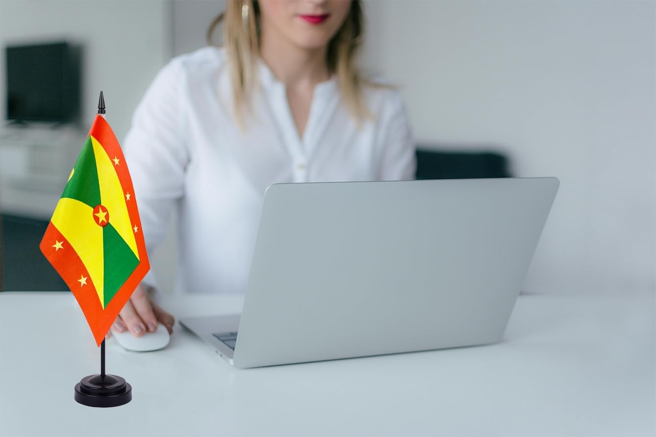 WXTWK 2 Pack Grenada Flag Grenada Deluxe Desk Flag Set - Mini Small Grenada Table Office Flags with Black 12" Solid Pole Stand Base Classroom Meeting Desktop Decorations