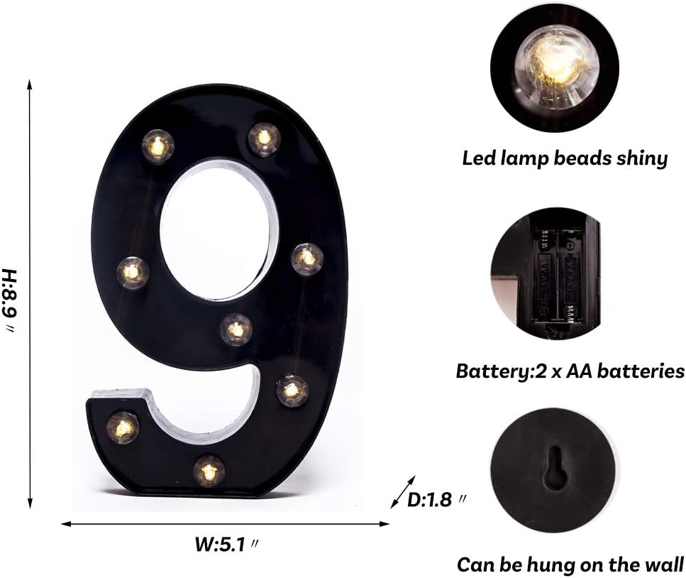 Foaky Black LED Marquee Number Lights Sign Light Up Marquee Number Lights Sign for Night Light Wedding Birthday Party Battery Powered Christmas Lamp Home Bar Decoration