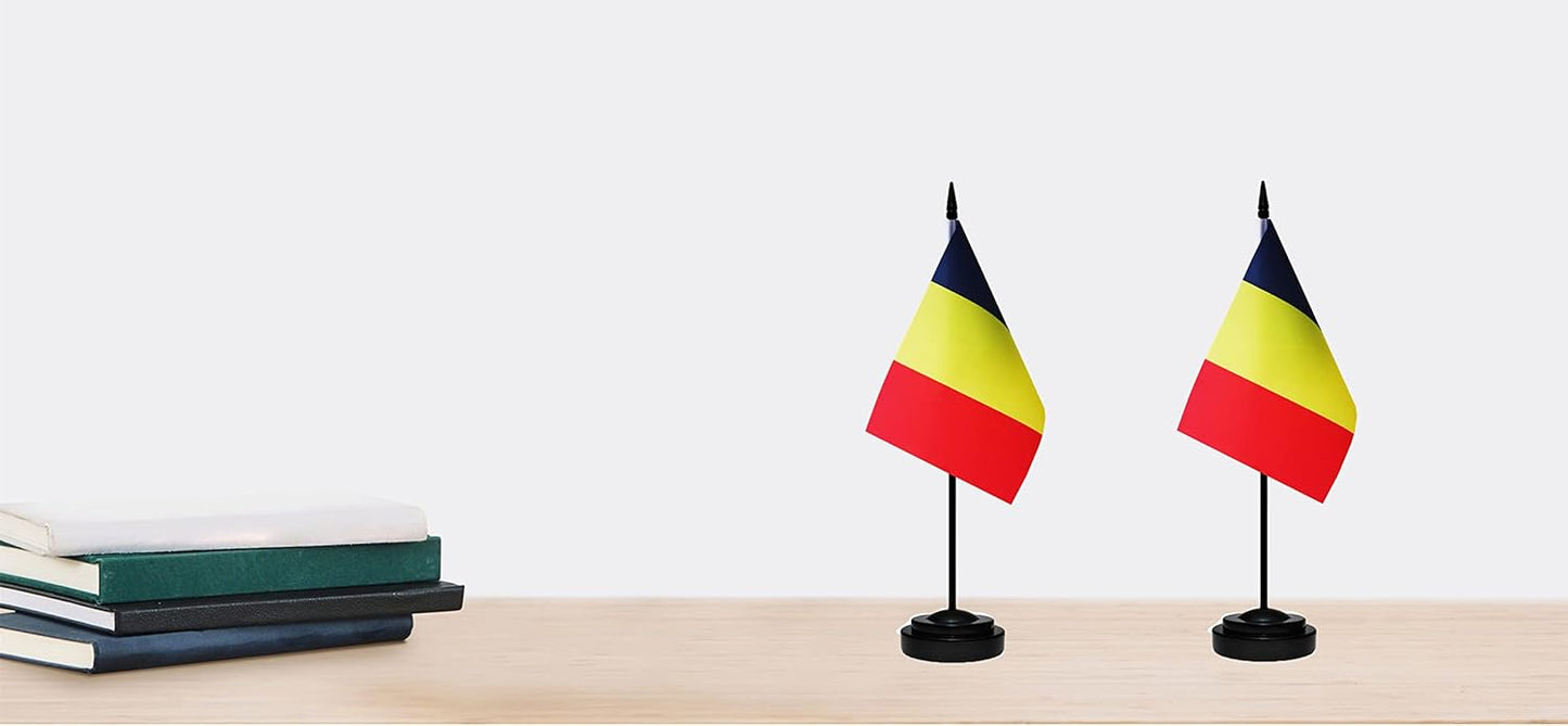 Romania Romanian Deluxe Desk Flag Set Small Mini Miniature Romania Romanian Table Desktop Flags With Solid Pole, Black Base and Spear Top(2 Pack)