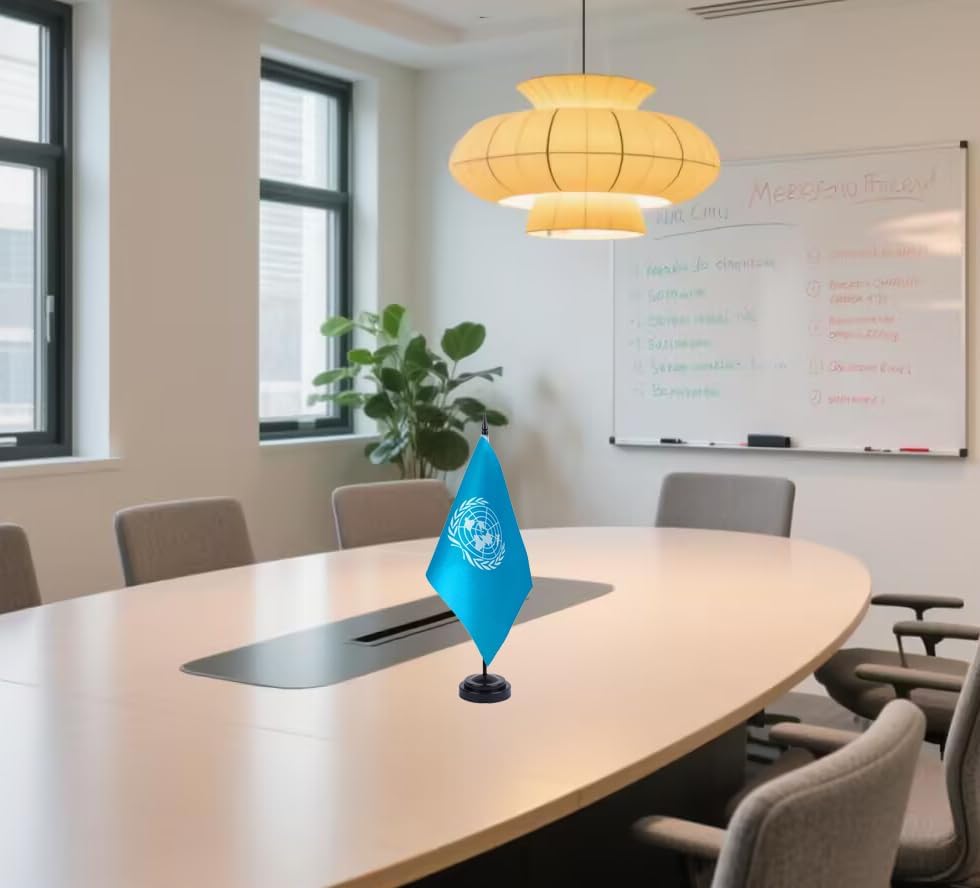 United Nations Desk Flag 12" Solid Pole Deluxe Set United Nations Flags Banner Mini Small United Nations Office Table Flags with Black Stand Base Desktop Decorations(2Pack)