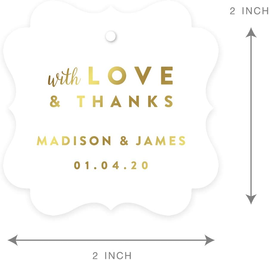 Andaz Press Personalized Fancy Frame Square Wedding Gift Tags, Metallic Gold Ink, with Love and Thanks, 24-Pack, Custom Made Any Name
