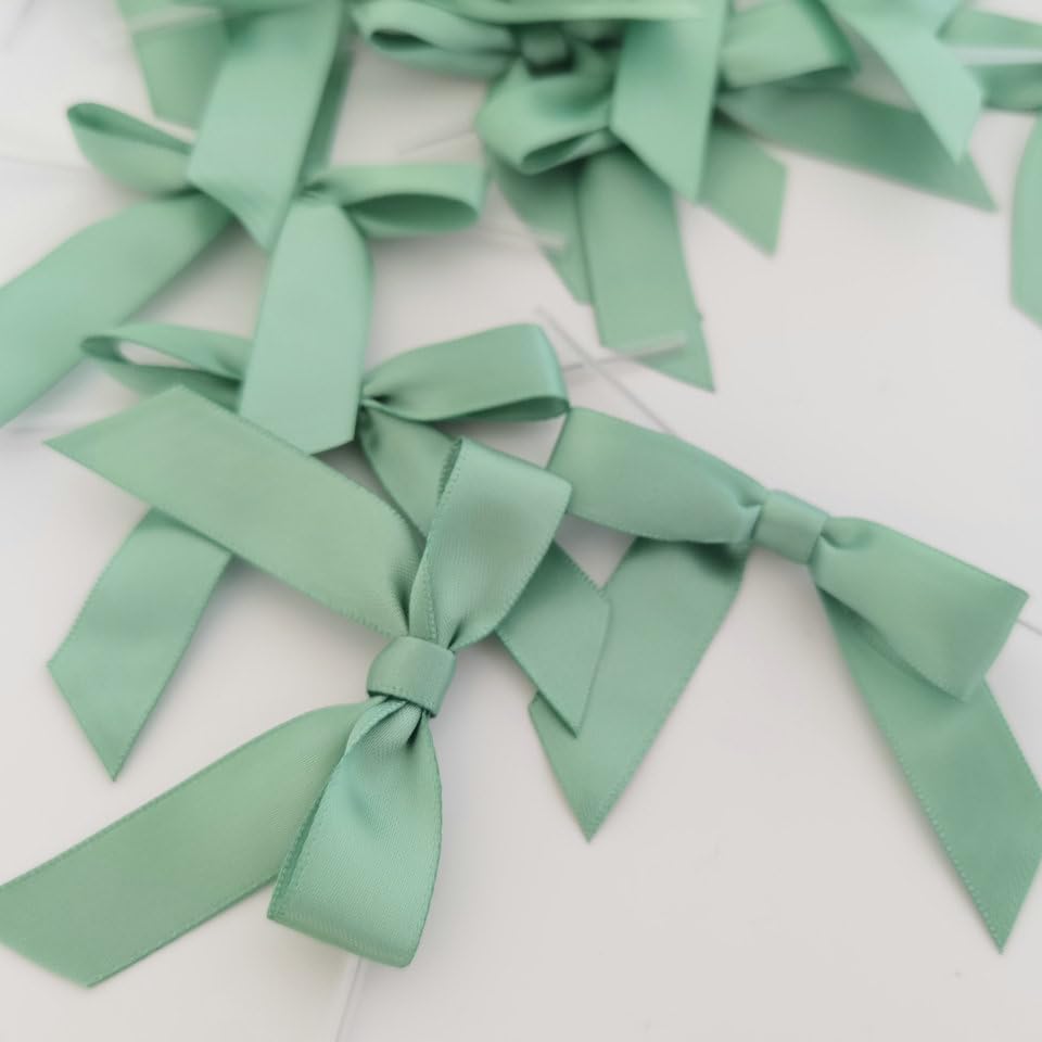 50pcs 2-1/2" Vanilla Green Satin Ribbon Bows with Twist Ties Celadon Satin Ribbon Bows for Candy Party Decoration Gift Packing Wrapping Accessories(2.5“,Vanilla)