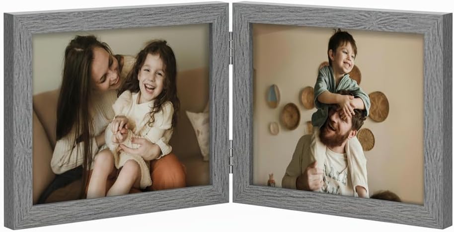 decorUhome Double 7x5 Picture Frame Horizontal, Engineered Wood Bifold Photo Frame with Plexiglass for Tabletop Display, 7x5, Grey