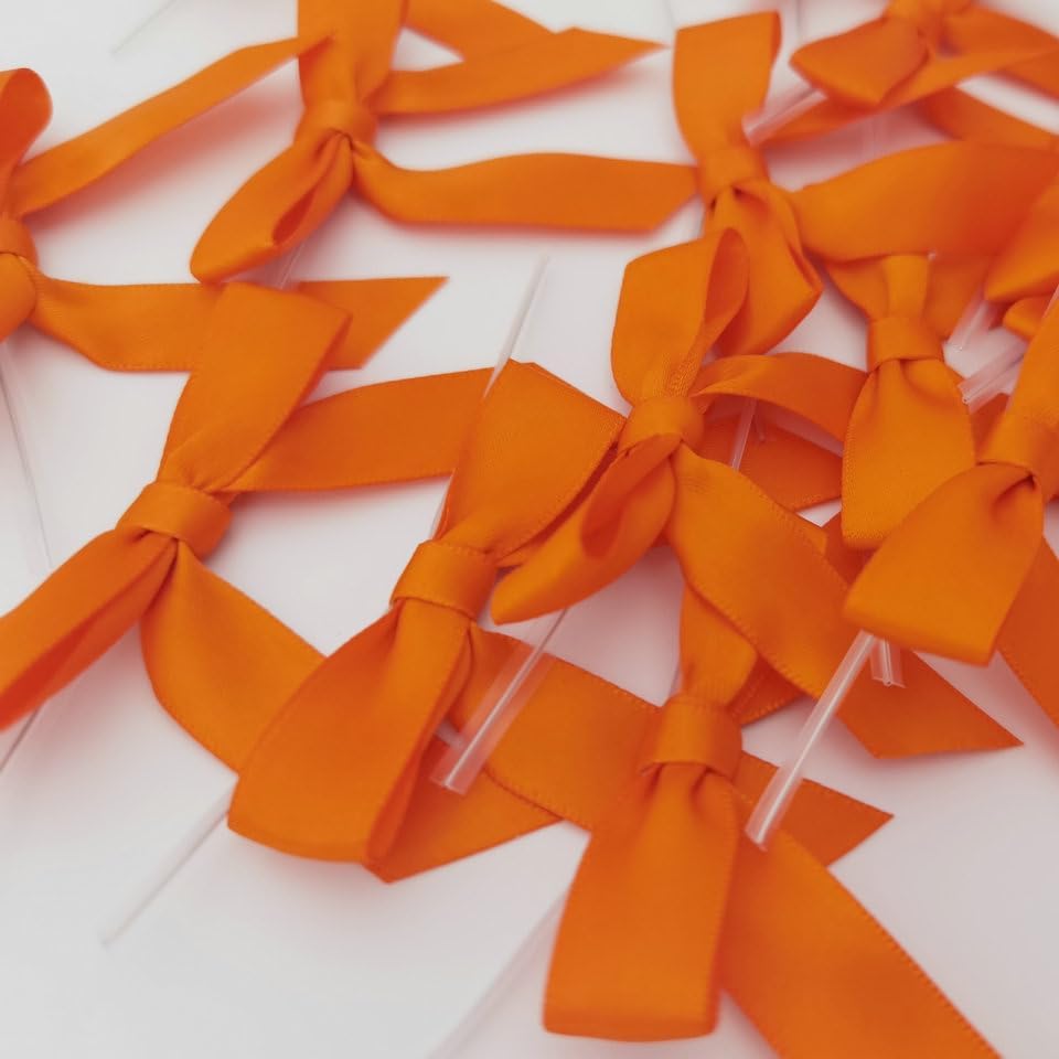 50pcs 2-1/2" Orange Twist Ties Satin Ribbon Bows in Pumpkin Color for Thanks Giving Halloween Wrapping Twist Tie Bows Hot Cutting(Orange)