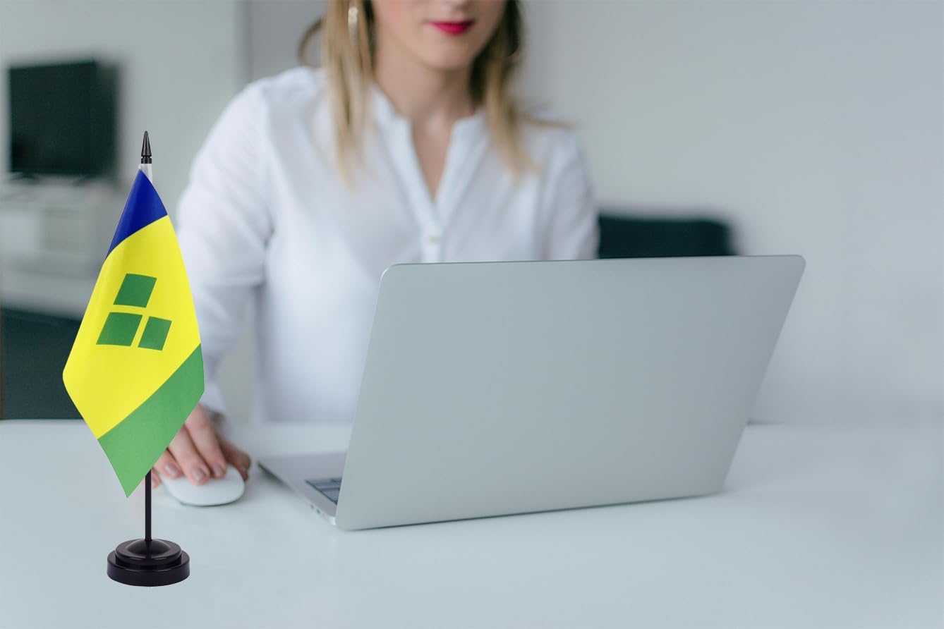WXTWK 2 Pack Saint Vincent and the Grenadines Flag Saint Vincent and the Grenadines Deluxe Desk Flag Set - Mini Small Saint Vincent and the Grenadines Table Office Flags with Black 12" Solid Pole Stand Base Decorations