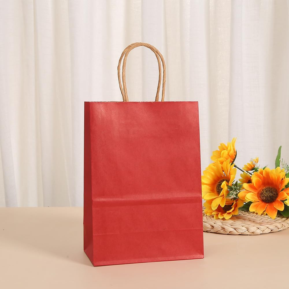 25 PCS Small Dark Red Gift Bags Kraft Paper Bags with Handles for Party Favor (8.2 x 6 x 3.1 in)
