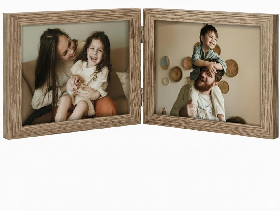 decorUhome Double 7x5 Picture Frame Horizontal, Engineered Wood Bifold Photo Frame with Plexiglass for Tabletop Display, 7x5, Oak