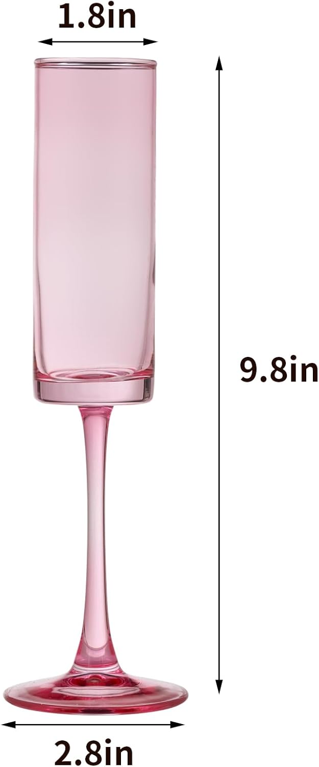 6 Pieces Pink Champagne Flutes 6 OZ Straight Sided Wine Glasses Champagne Long Stem Drinking Colored Glasses,Set of 6 Hand Blown Champagne Flutes Goblets for Wedding Cocktail Cups,Cava, Prosecco