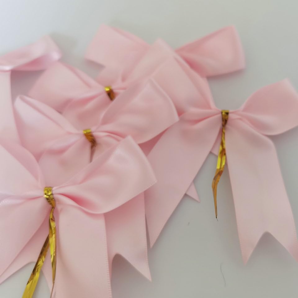 50pcs 3.5" Double Face Satin Pink Bows with Twist Ties Bows Wine Bows Tie with Fish Tail Cutting (Pink)