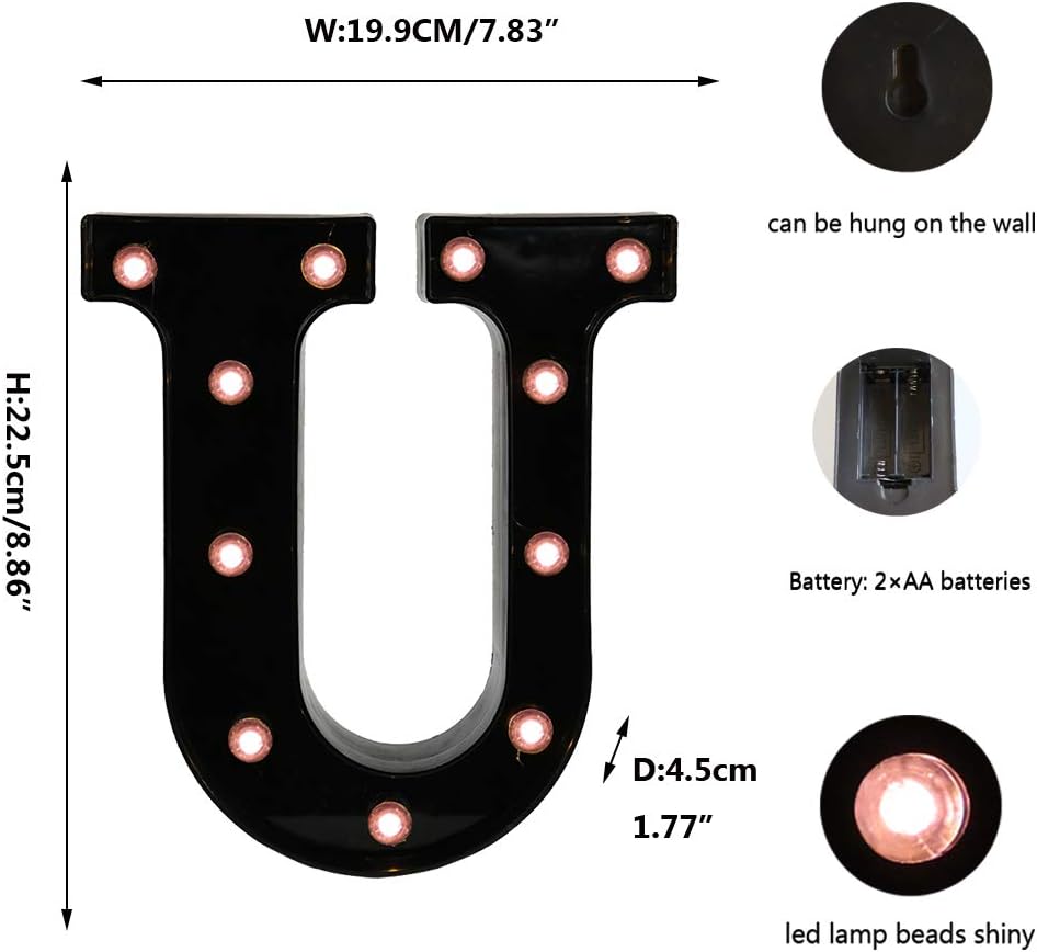 OYCBUZO Light Up Black Alphabet Marquee Letters Sign LED Marquee Number Lights Sign for Night Light Home Bar Christmas Lamp Birthday Party Wedding Decoration U