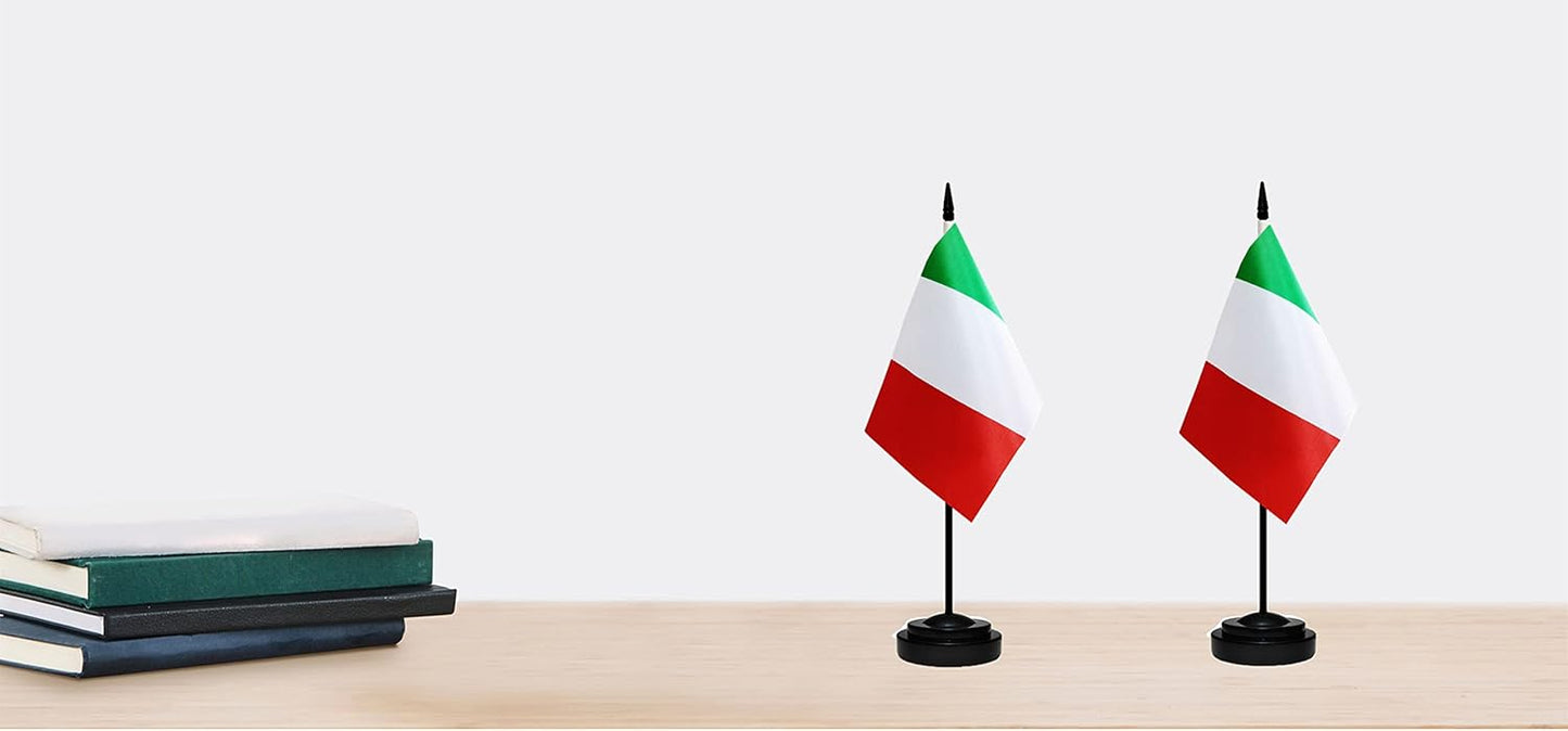 Italy Italian Deluxe Desk Flag Set Small Mini Miniature Italy Italian Table Desktop Flags With Solid Pole, Black Base and Spear Top(2 Pack)