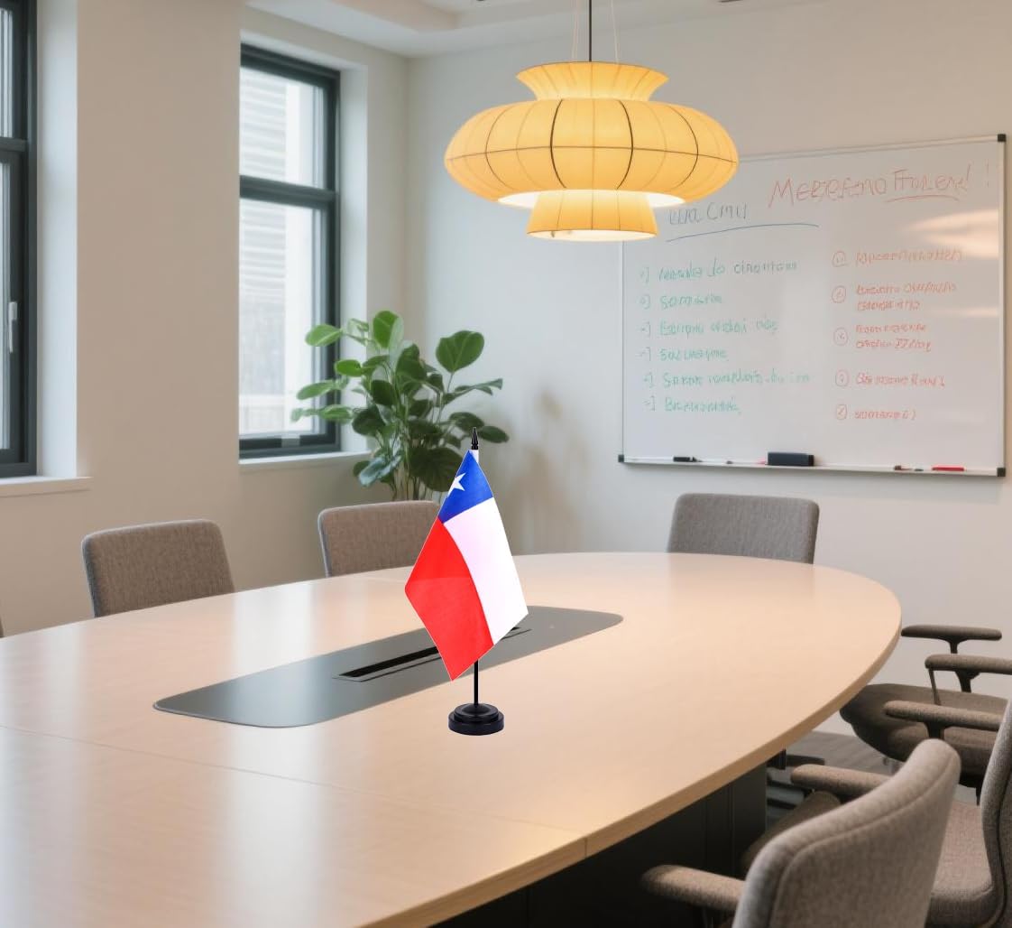 Chile Desk Flag 12" Solid Pole Deluxe Set Chilean Flags Banner Mini Small Chile Office Table Flags with Black Stand Base Desktop Decorations(2Pack)