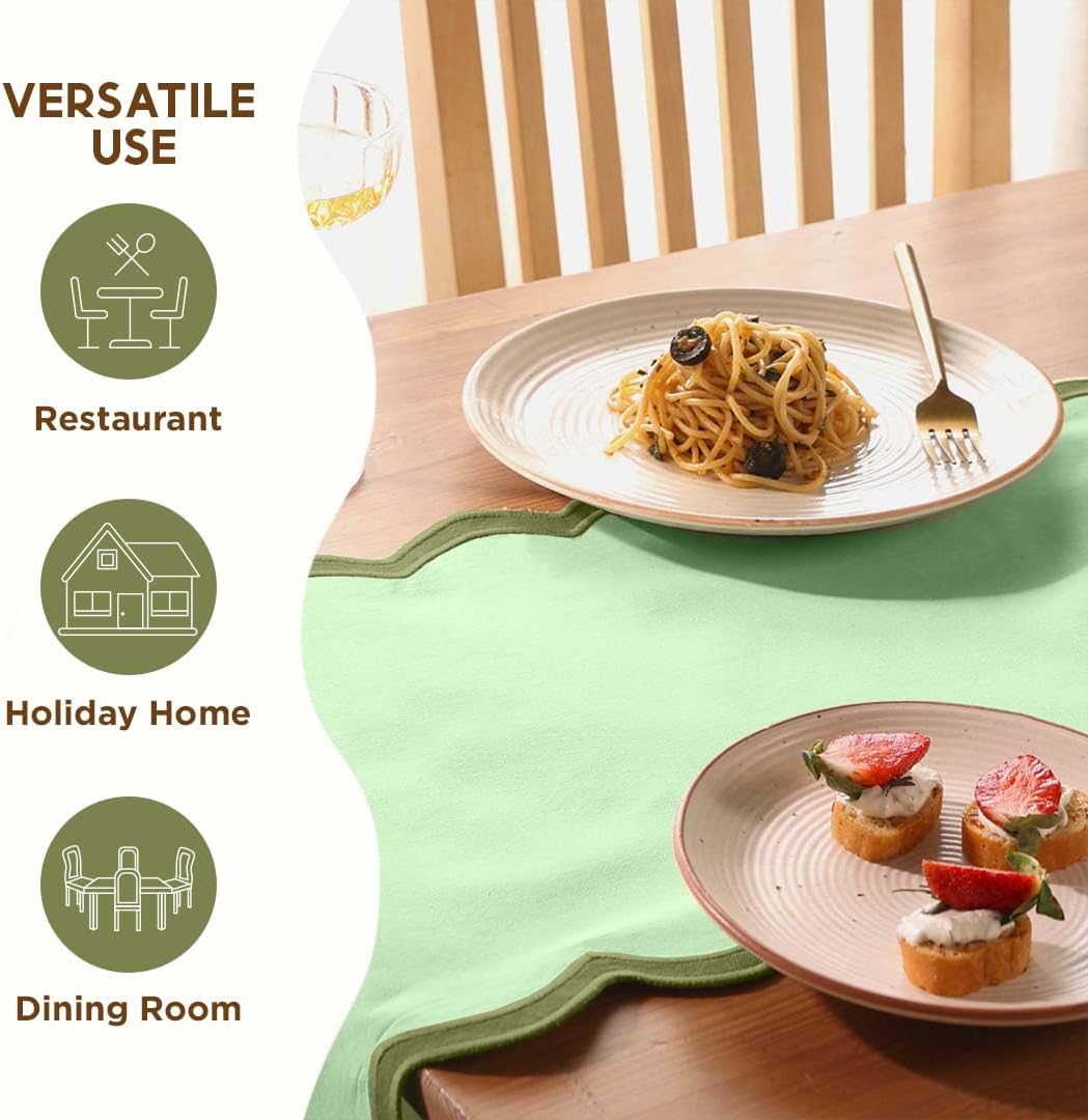 Folkulture Table Runner | Table Runners 108 inches Long | Scallop Table Runner for Farmhouse Decor or Boho Decor | Sage Green Table Runners for Dining Room Table Decor | Pastel Party Decorations