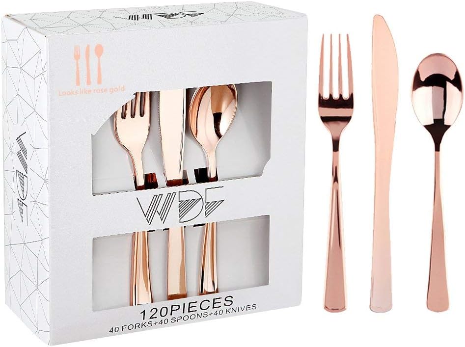 WDF 120 Pieces Rose Gold Plastic Silverware- Disposable Flatware Set-Heavyweight Plastic Cutlery- Includes 40 Forks, 40 Spoons, 40 Knives for Valentine's Day, Mother's Day,Wedding&Party