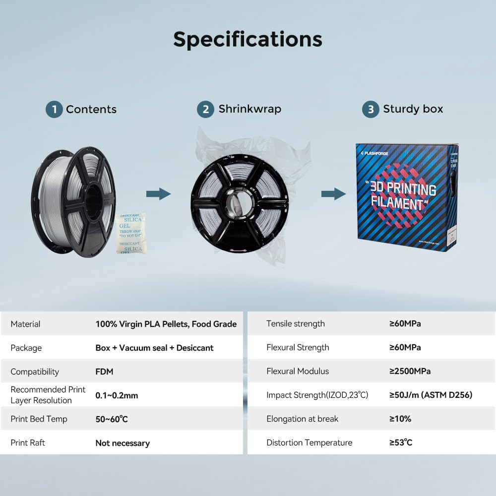 FLASHFORGE 3D Printer Filament, PLA PRO Filament 1.75mm, 1KG Spool (2.2lbs), Dimensional Accuracy +/- 0.02mm for FDM 3D Printers, Better Tenacity & No Knotting (Silver)