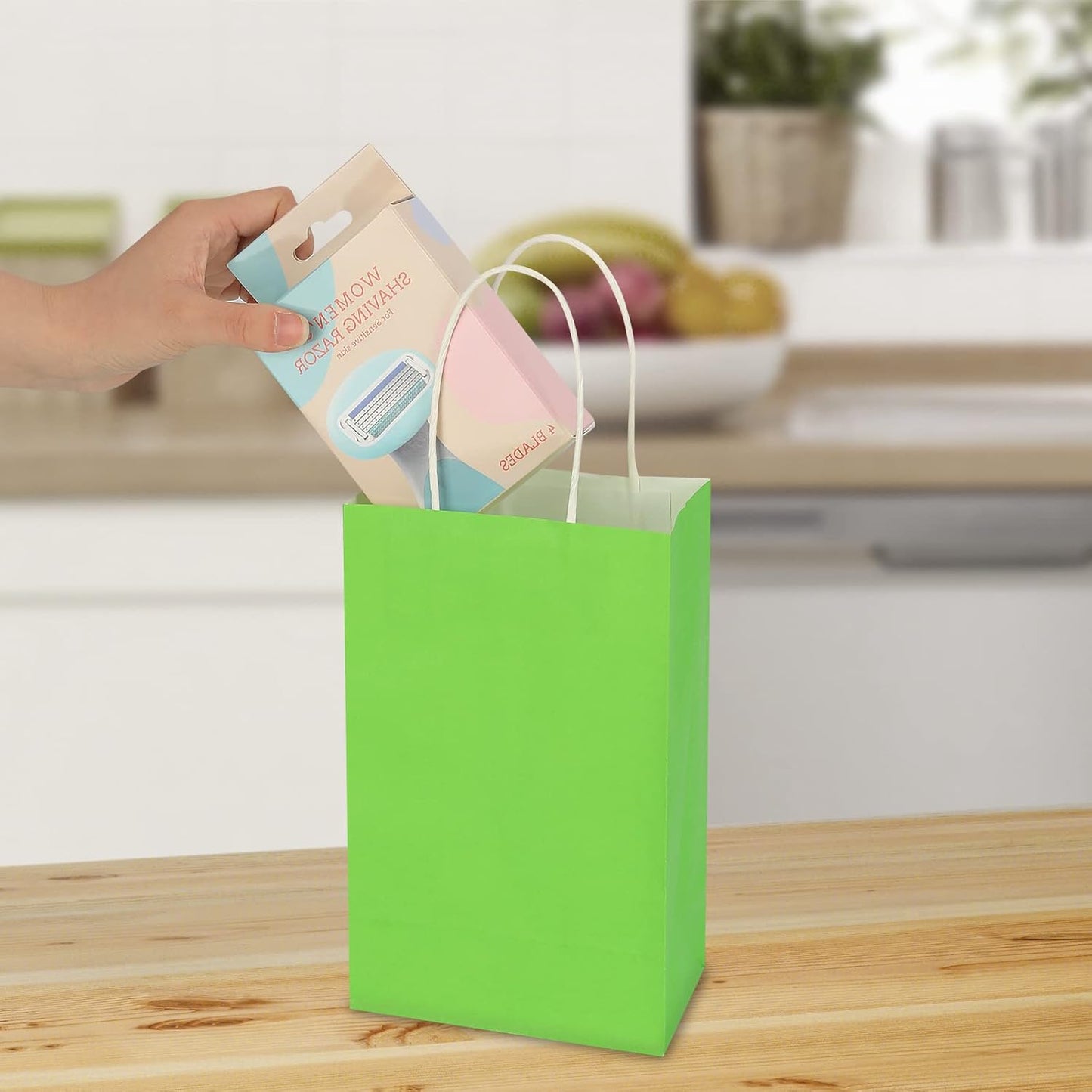 50 Pack 5.25x3.25x8.25 Inch Small Grass Green Kraft Paper Bags with Handles Bulk, Toovip Gift Wrap Bags for Favors Grocery Retail Party Birthday Shopping Business Goody Craft Merchandise Take Out Sacks