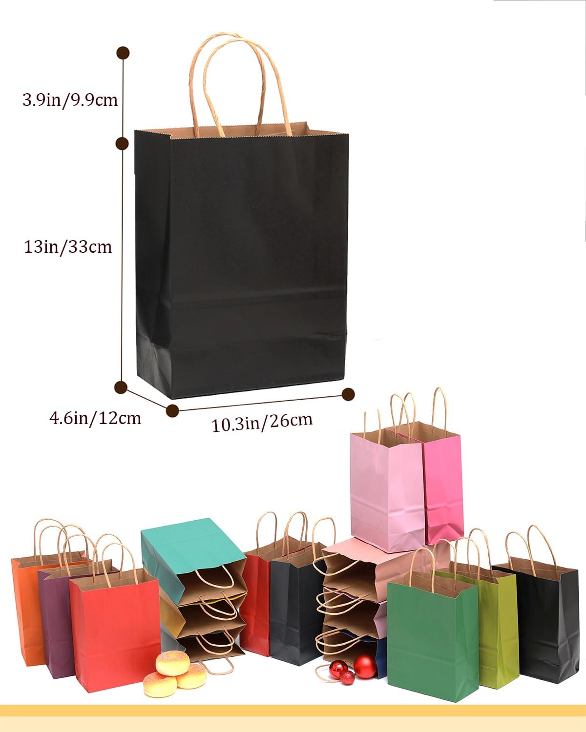 qiqee 100Pcs Large Size Paper Gift Bags with Handles -13"x10.3"x4.6" Kraft Small Party Bags - 16 Solid Colors