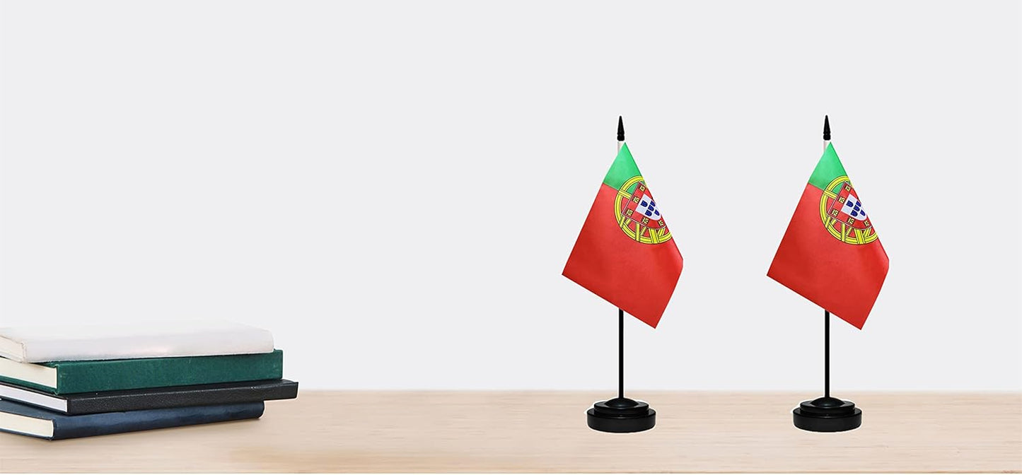 Portugal Portuguese Deluxe Desk Flag Set Small Mini Miniature Portugal Portuguese Table Desktop Flags With Solid Pole, Black Base and Spear Top(2 Pack)