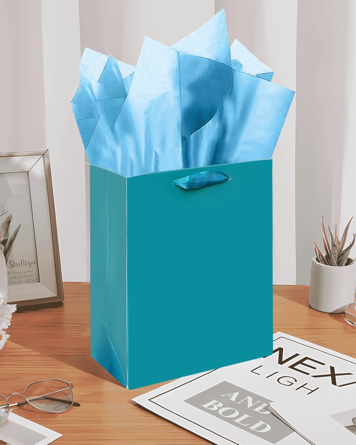 Gcardist Denim Blue Gift Bags with Tissue Paper for Wedding, Birthday, Party Supplies-7.9"x4.3"x9.6" Medium Size Cardboard Gift Bags(16pcs Bags +32pcs Tissue Paper )