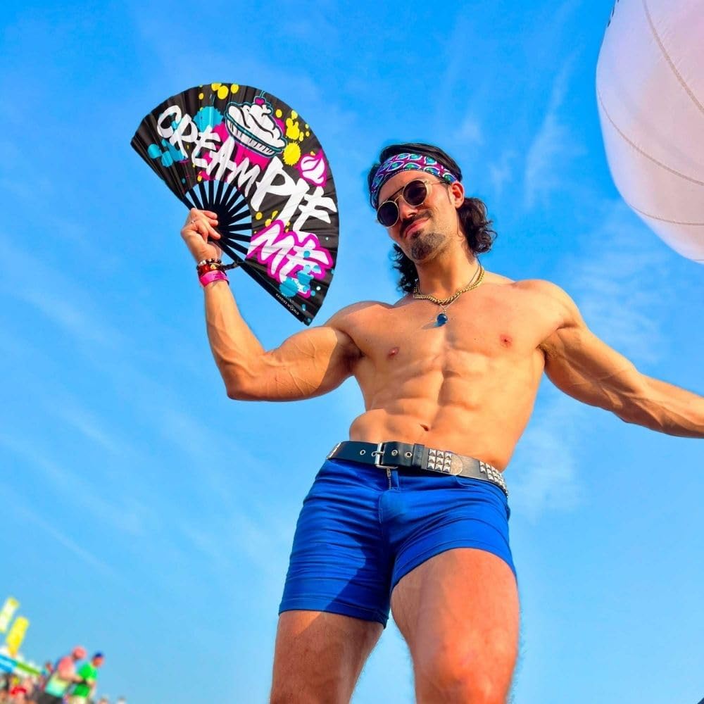 Kandies World Custom Festival Folding Hand Fan - Unique Designs, Made of Bamboo, Clacking Sound, Lightweight - Perfect Rave and Festival Accessory! (Cream Pie)