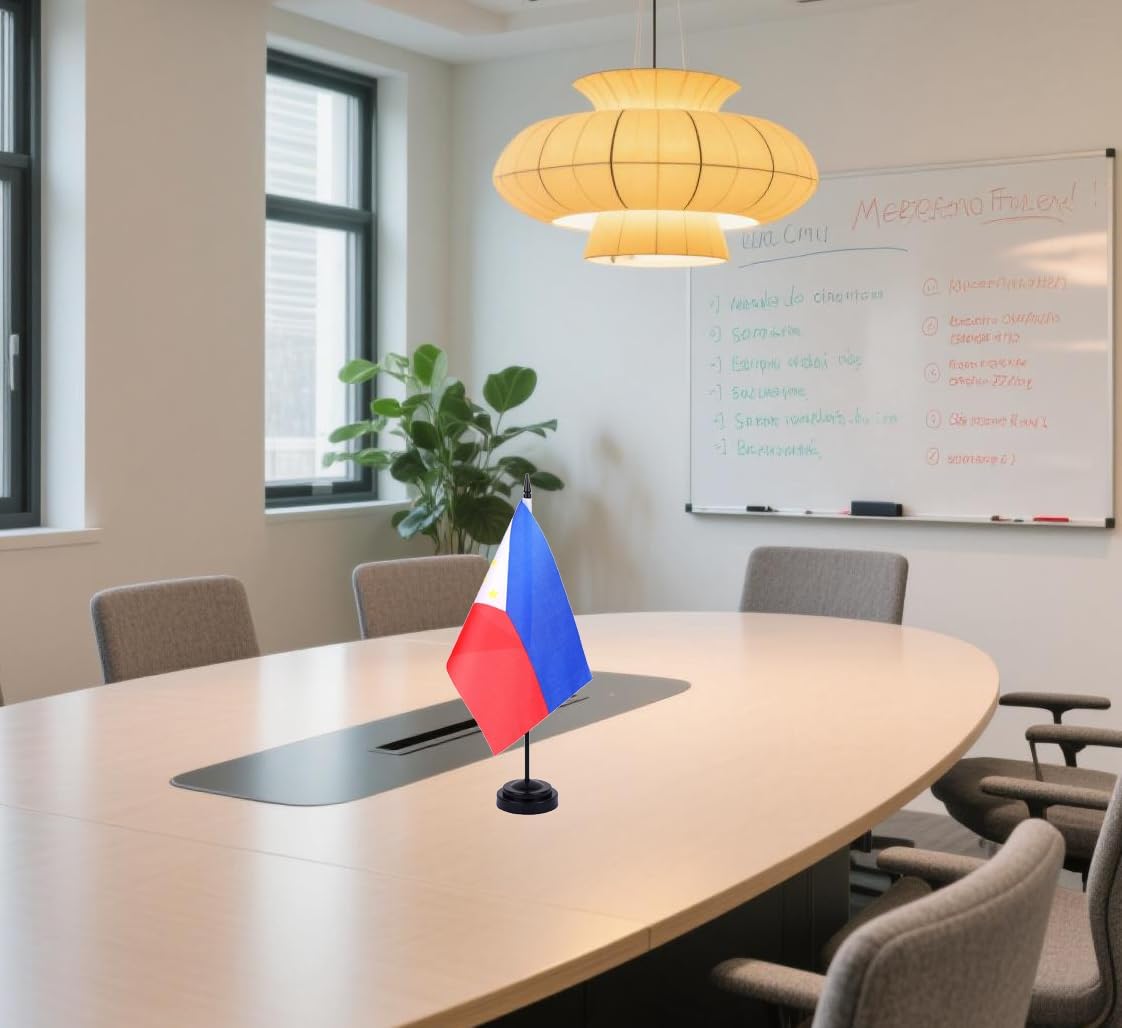 Philippines Desk Flag 12" Solid Pole Deluxe Set Filipino Flags Banner Mini Small Philippines Office Table Flags with Black Stand Base Desktop Decorations(2Pack)