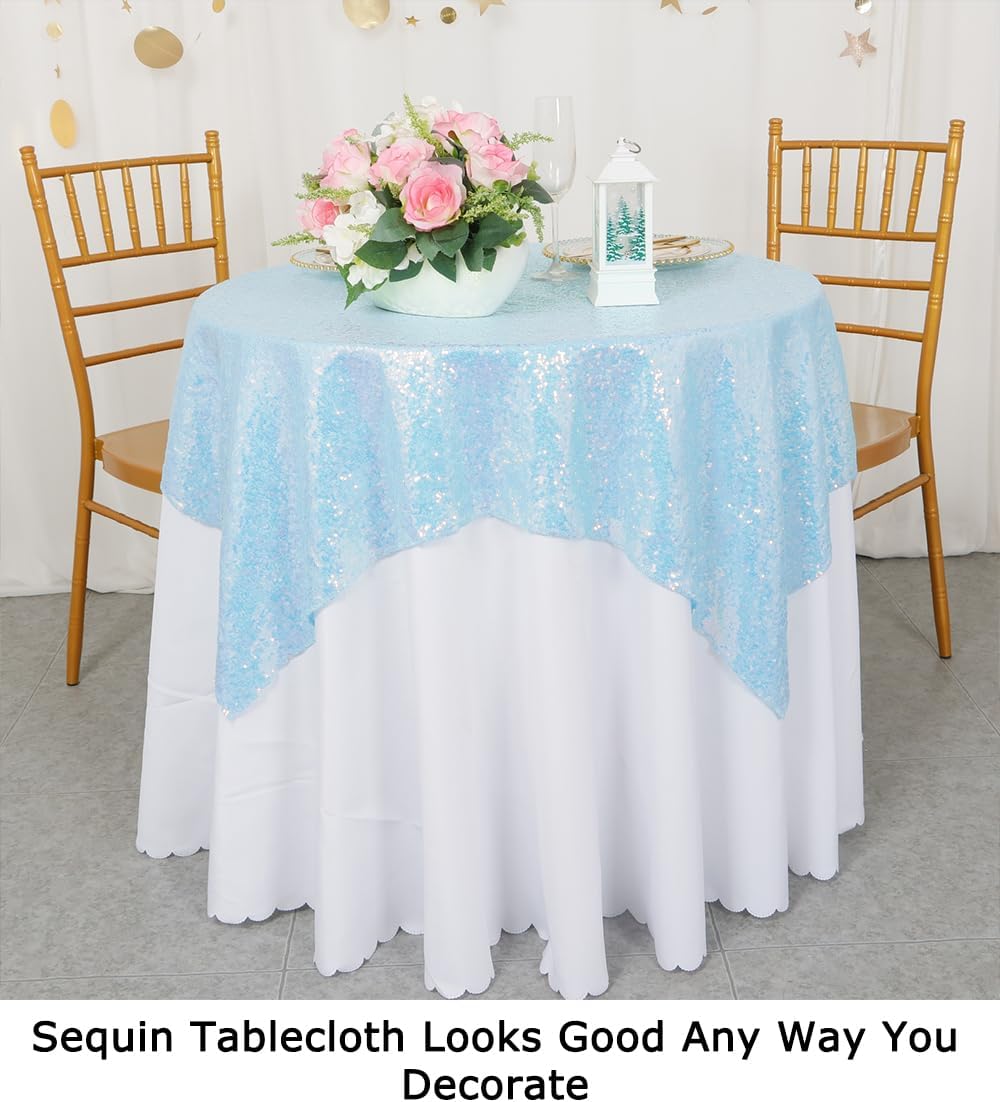 ShinyBeauty Iridescent Aqua Sequin Tablecloth Square Overlay Aqua Blue Tablecloth Cover Glitter Table Cloth Small Tablecloth for Birthday Baby Shower Decor (36”X36”)