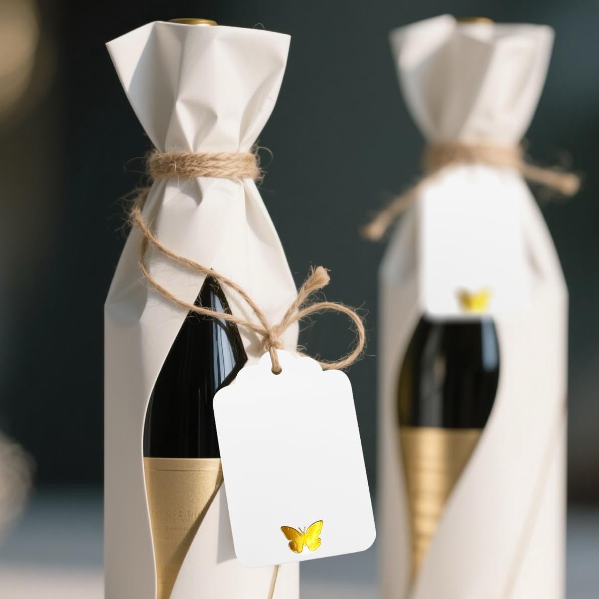 100Pcs Blank Gift Tags with String, Foil Gold Butterfly Large Gift Tags with 65 Ft Jute Twine White Paper Cute Tags for Birthday Baby Shower Wedding Party Gift Wrap Tags