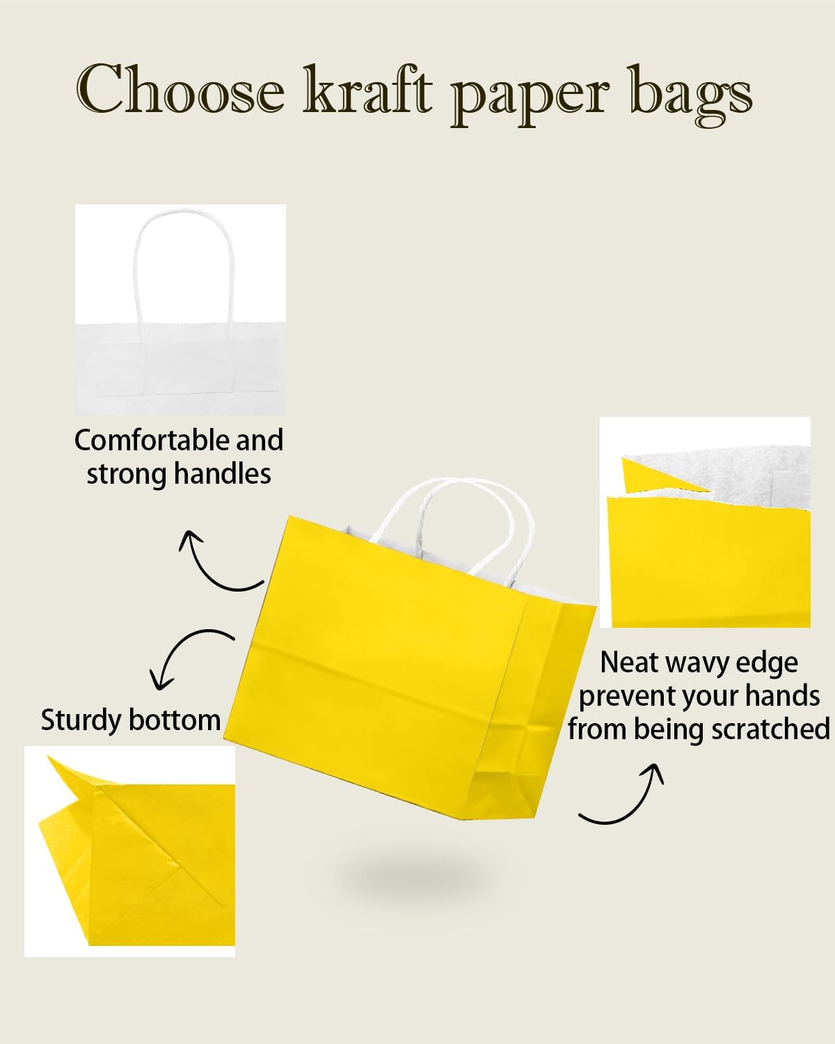 qiqee 50-Packs Bright Yellow Paper Gift Bags with Handles Bulk 12.6"x4.3"x10" Wide Large Size Party Favor Bags Multiple Uses