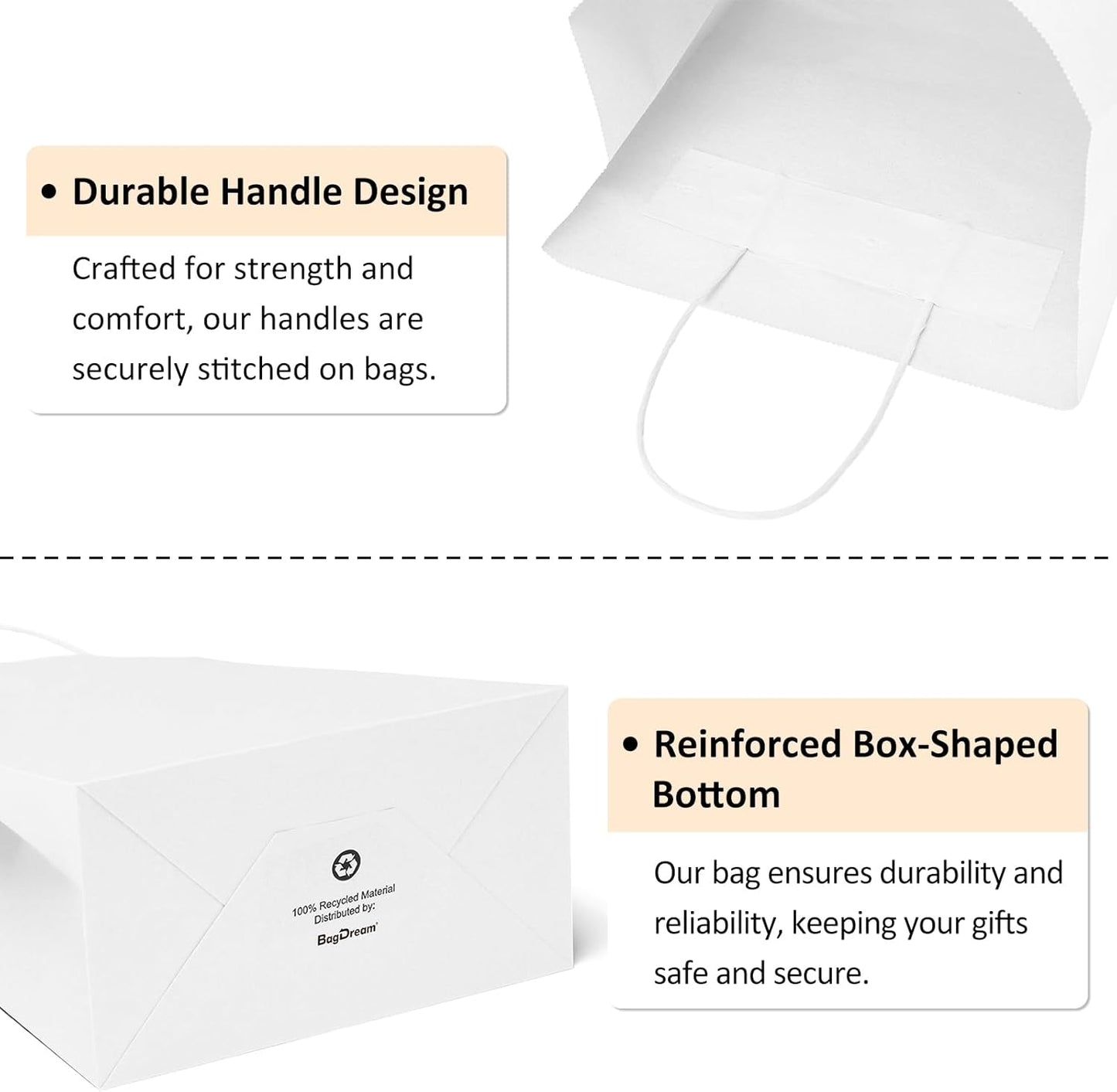 BagDream 50Pcs Gift Bags 8x4.25x10.5 Kraft Paper Gift Bags with Handles Bulk for Shopping, Wedding, Party Favor, Merchandise, Retail, White Paper Grocery Sacks