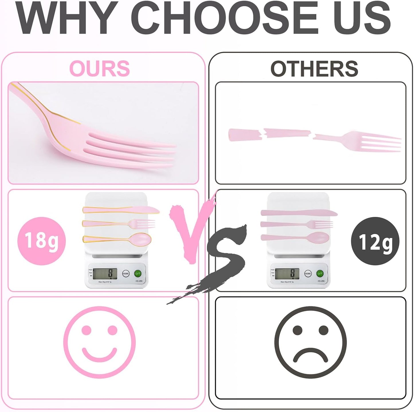 WDF 180 Pieces Pink Plastic Silverware with Gold -Pink Plastic Utensils Set - 60 Guest Pink Cutlery Disposable for Birthday/Party/Wedding