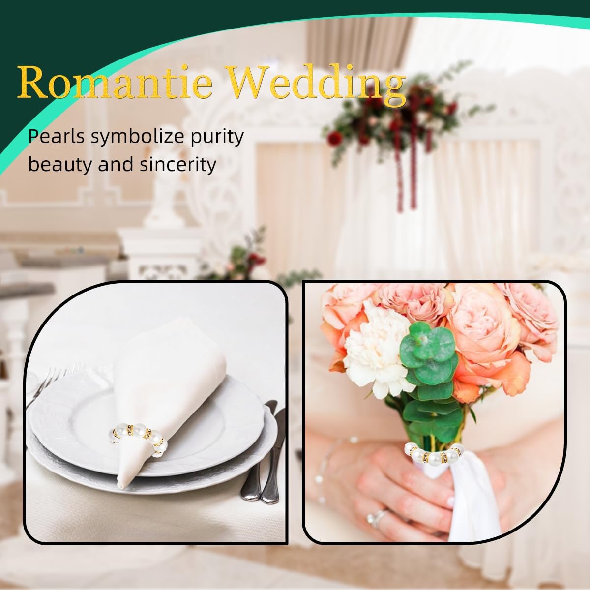 50Pcs Pearl Napkin Rings, Imitation Pearl Napkin Rings Holder, Disposable Beaded Serviette Napkin Buckles for Wedding Reception Party Banquet Dinner Table Decor (Pearl Gold+Silver, 50 Pcs)