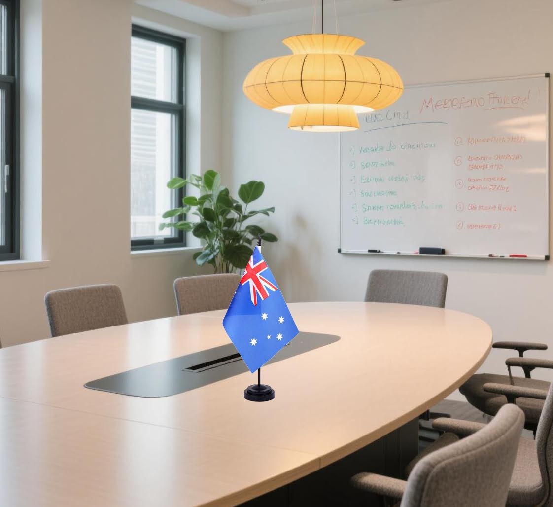 Australia Desk Flag 12" Solid Pole Deluxe Set Australian Flags Banner Mini Small Australia Office Table Flags with Black Stand Base Desktop Decorations(2Pack)